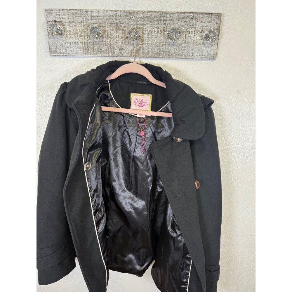 PINK ENVELOPE Womens Long Sleeve Button Front PeaCoat Jacket Black Hooded - Picture 4 of 13
